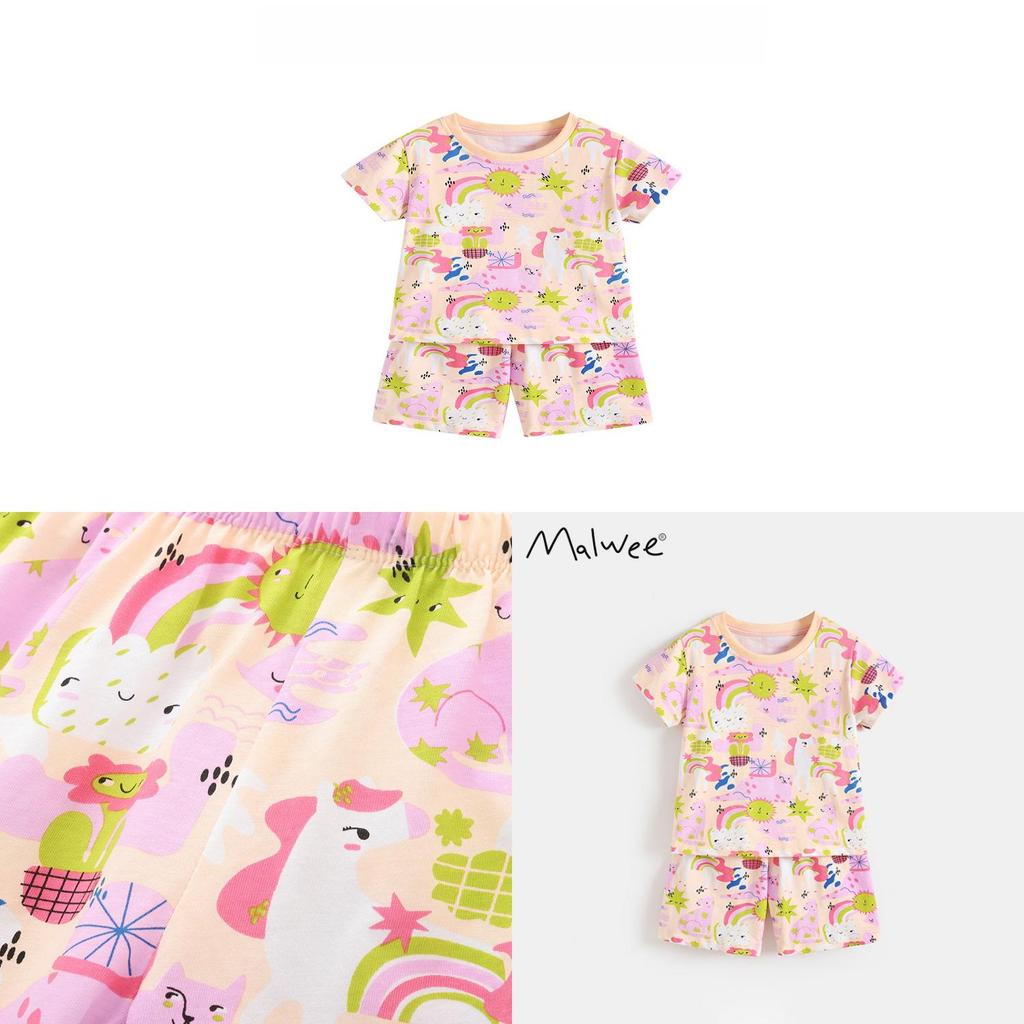 Child Girl Summer Cotton Cartoon Pajama Set With Short Sleeve And Shorts For Playtime