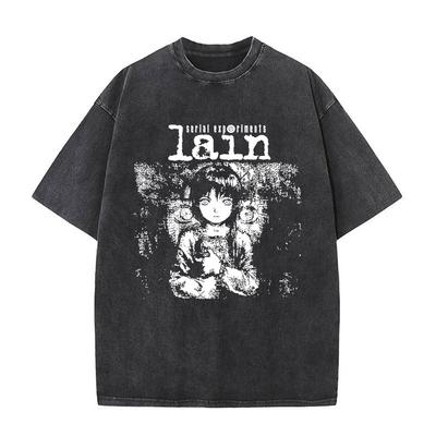 Japanischer Anime Serial Experiments Lain Vintage Gewaschenes T-Shirt Manga Iwakura Mädchen Sci-Fi T-Shirts Herren 100% Baumwolle Freizeit T-Shirt