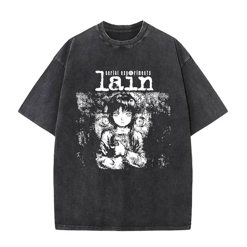 Japanese Anime Serial Experiments Lain Vintage Washed T Shirt Manga Iwakura Girl Sci Fi T-shirts Men 100% Cotton Casual T Shirt