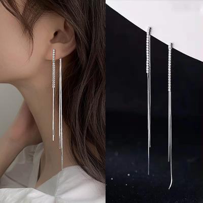New Silver Color Long Tassel Drop Earrings for Women Style Back Hanging Earlines Shiny Zircon Fashion Earrings Wedding Jewelry