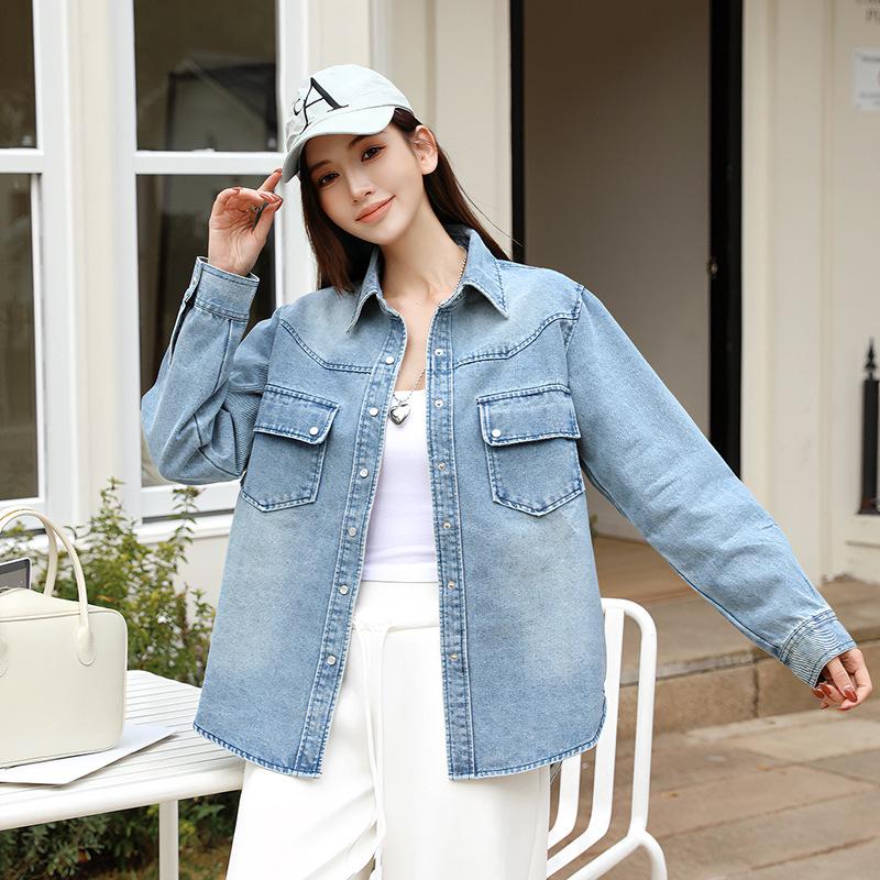 Blue denim shirt women's retro Hong Kong flavor stacked inside 1116 spring new small loose front shoulder top