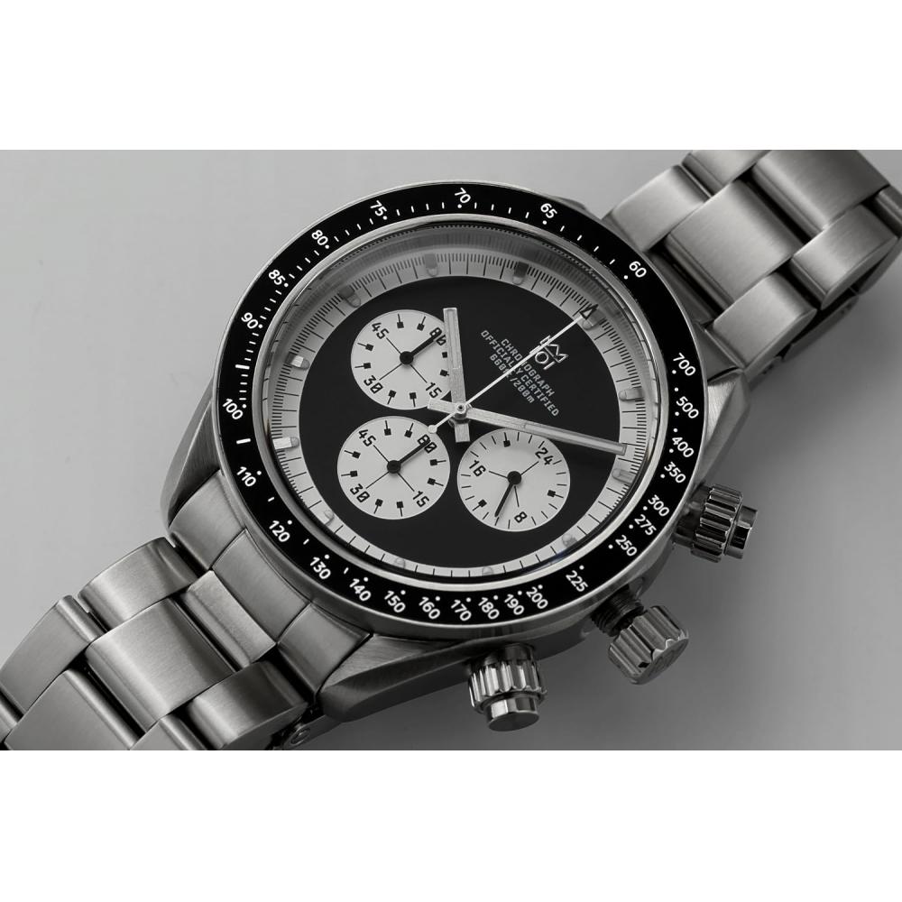 [HYAKUICHI 101] Classic Chronograph Non-Date 200m Waterproof Watch Center Chrono Men's Black Panda