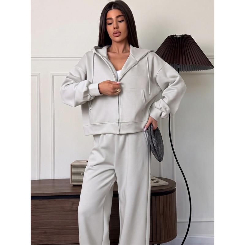 Womens 2026 Fall/Winter Loose Hooded Zip-Up Sweatshirt Pants Set Casual Streetwear Outfit Pure Color Cotton Blend