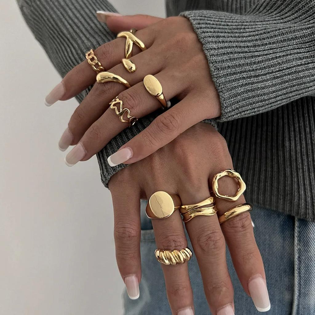 10Pcs/Set Geometric Trendy Gold Copper Color Cuff Rings Set For Women Girl Metallic Stainless Steel Minimalism Fashion Chic Ring