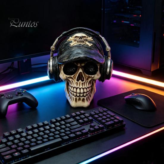 Durable Synthetic Resin Ornaments Hip-hop Headphone/Steampunk Skull Figurine, Skeleton Statue, Vintage Steampunk Style Statue Ornament for Haunted
