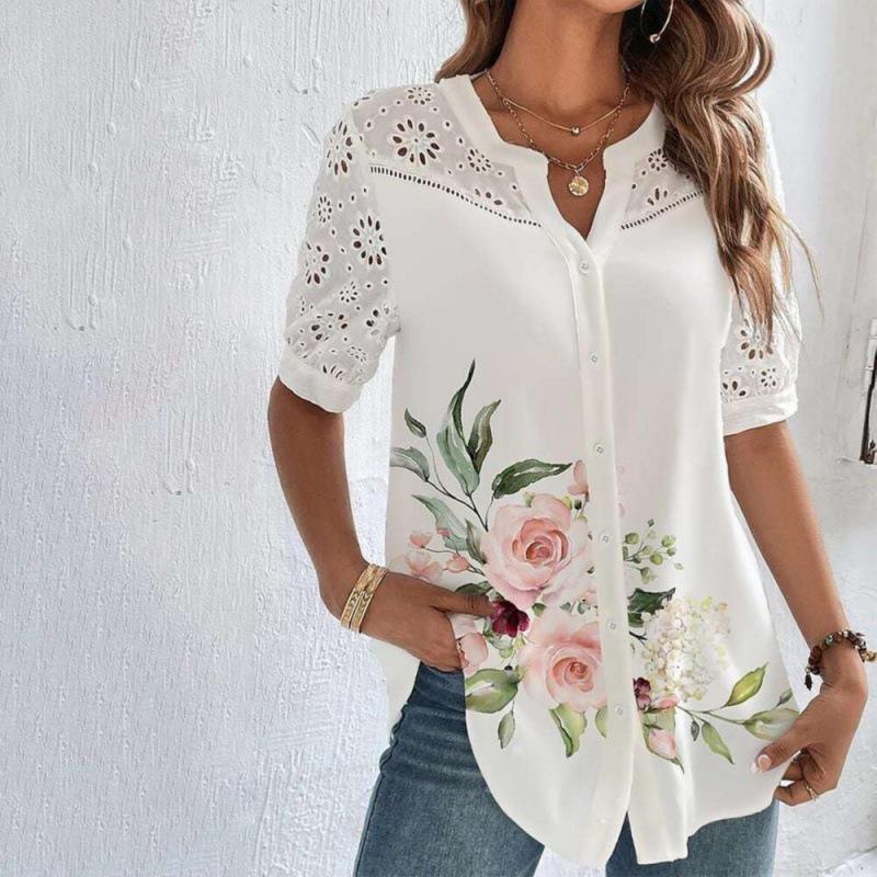 2023 Women's Fashion Button-Down Short Sleeve Shirt with Turn-Down Collar