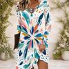 Women Criss Cross V Neck Long Sleeve Green Beige Printed Irregular Hem Dress