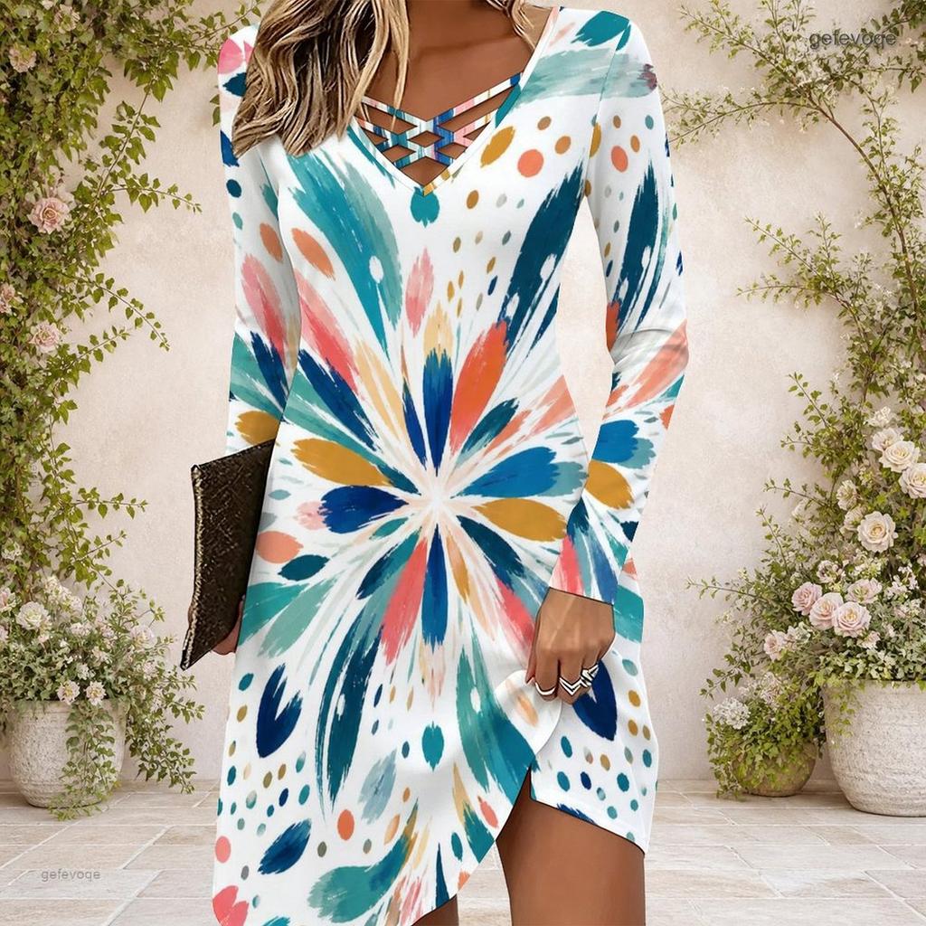 Women Criss Cross V Neck Long Sleeve Green Beige Printed Irregular Hem Dress