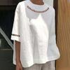 O-Ausschnitt Halbsleeve Damenbluse Hohl mit Spitzensticherei Lockerer Schnitt Dünn Einfarbig Retro Hemd Top Streetwear