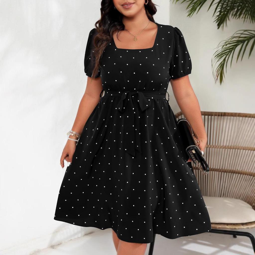 Vestito a trapezio con scollo quadrato e cinturino in vita, elegante, vintage, da donna, taglie forti