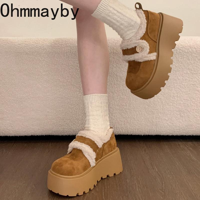 Vintage Women Fur Lining Chunky Loafer Shoes Comfrot Warm Snow Shoes  Spring Height Increase Ladies Dress Slip On Shoes
