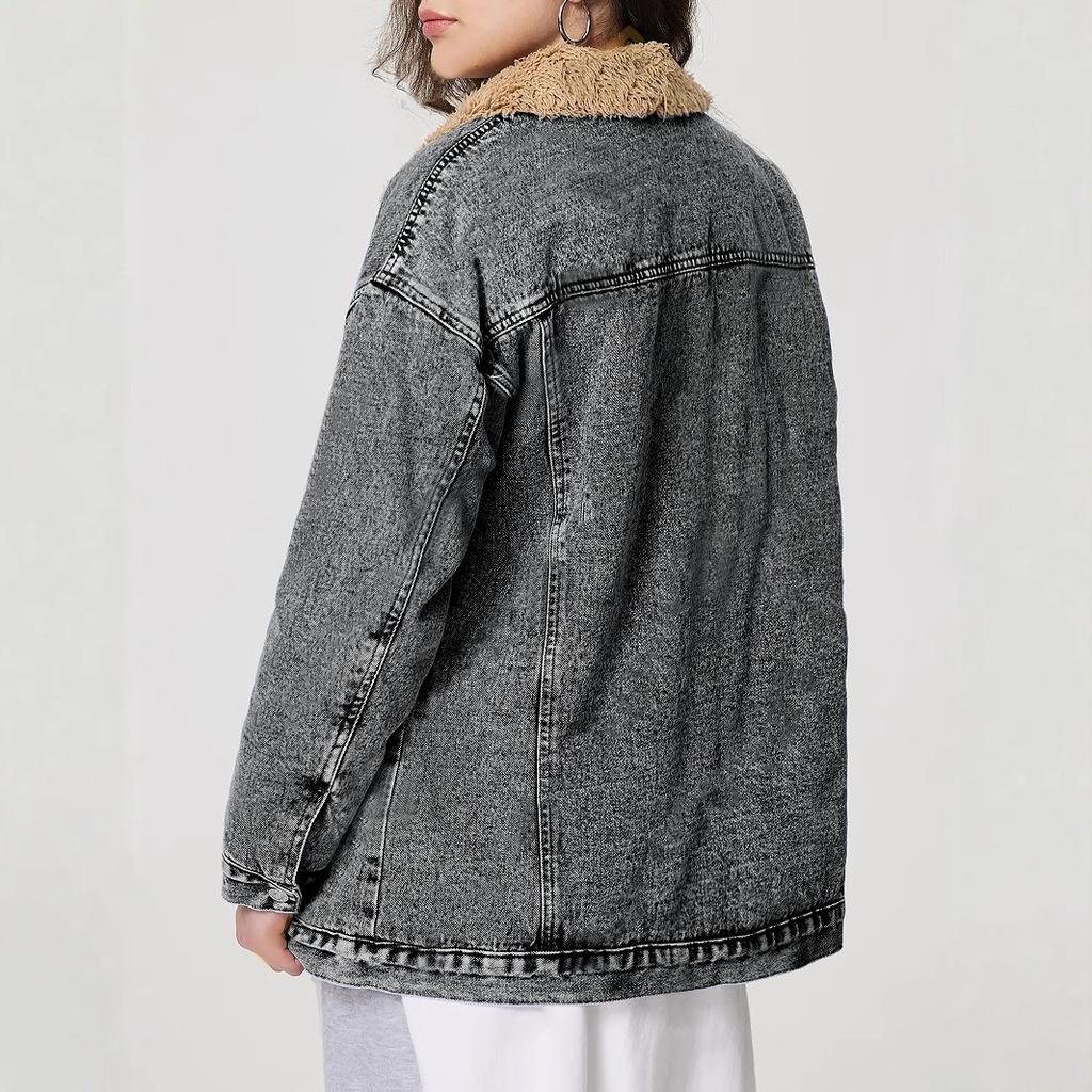 Women's Casual Fashion Long-sleeved Solid Color Loose Plus Velvet Denim Cotton Coat Denim Jacket