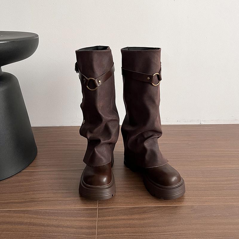 

Height Increase Women Knight Boots Fashion Belt Buckle Pleated Shoes Female Thick Heel Knee High Booties De Mujer 35