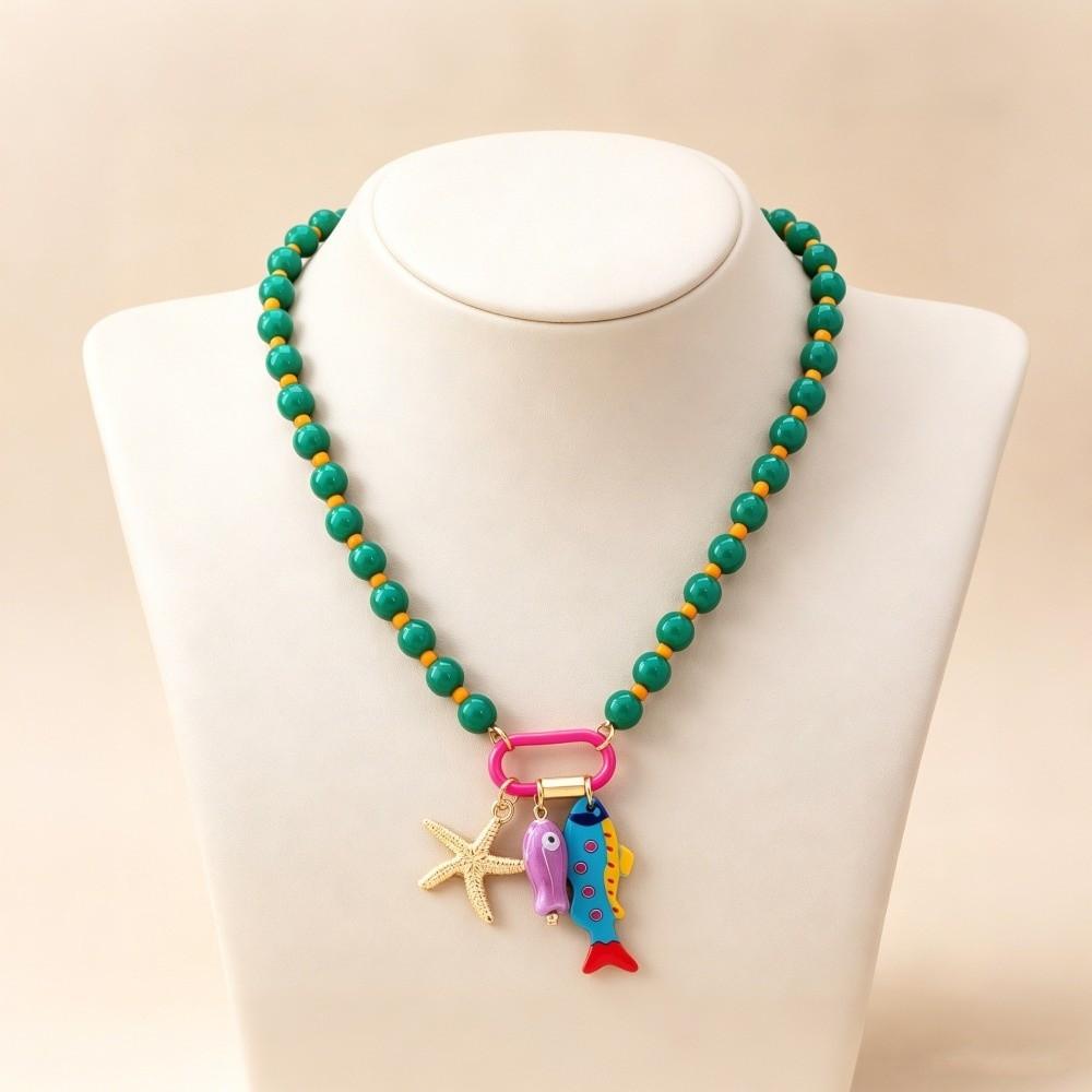 Colorful Beads Beaded Necklace Starfish Shell Charm Multi-Layer Necklace Boho Necklace For Women зелёный