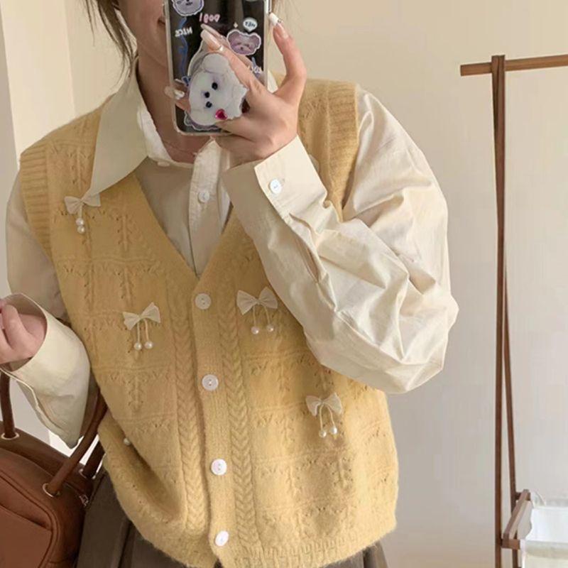 

Французский милый вязаный кардиган с бантом, жилет, женский осенне-зимний новый короткий свитер без рукавов с v-образным вырезом, жилет, кардиган, женское пальто One Size жёлтый