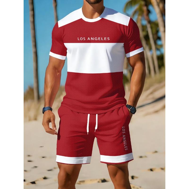 Summer Men's Sportswear Striped Short Sleeved T-shirt Set Two-piece Outdoor Travel Clothing Loose Fit Shorts Training Suit
