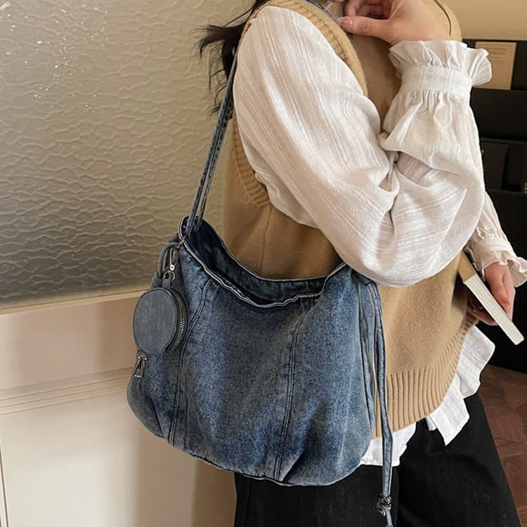 Vintage drawstring denim bucket bag women's shoulder messenger bag