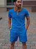 Summer Men's Waffle Knit Color Block Casual Set with Lapel and Shorts