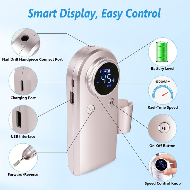 New Electric Nail Drills Rechargeable 45000 RPM Nail Filer Machine With LCD Display 2 Rotations for Acrylic Nails Gel Nails Manicure