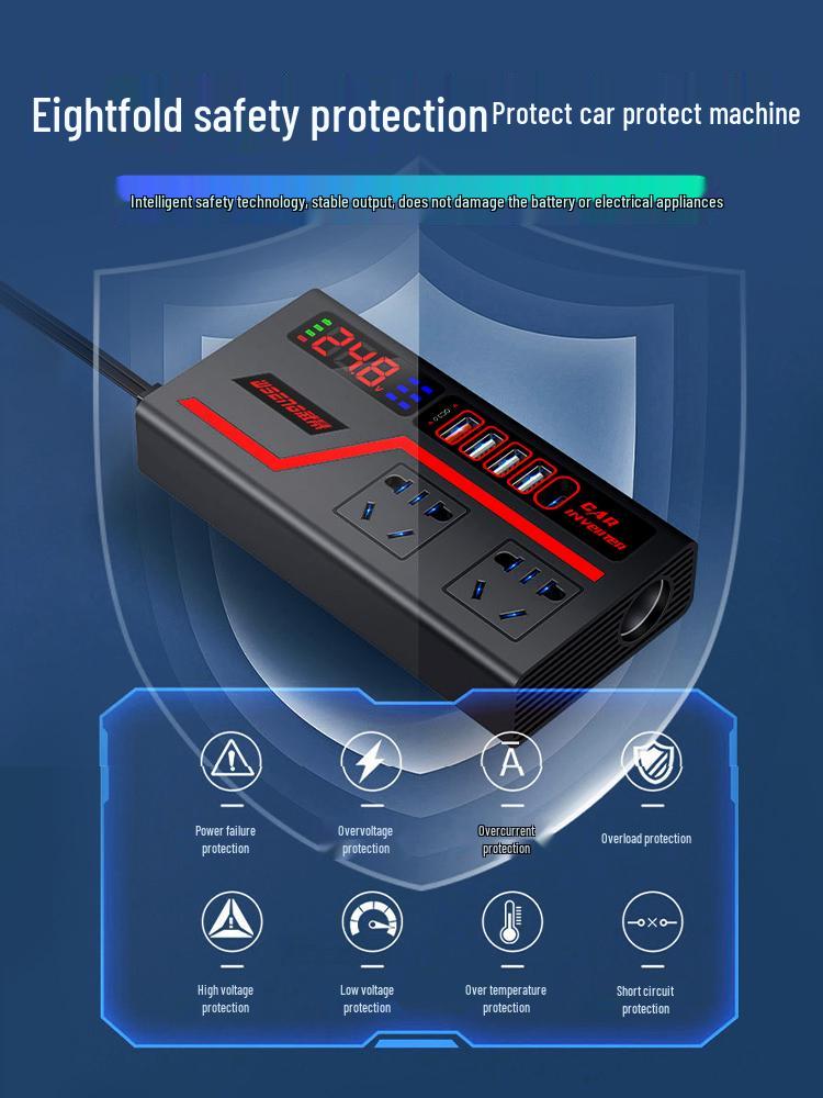 High-Power 12V/24V to 220V Car Inverter with Multi-Function Fast-Charging Lighter Socket
