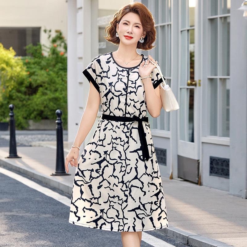 

Elegant 2026 Chiffon Printed Dress - Waist-Cinched, Short-Sleeved Summer Style for Middle-Aged & Elderly Women XL бежевий