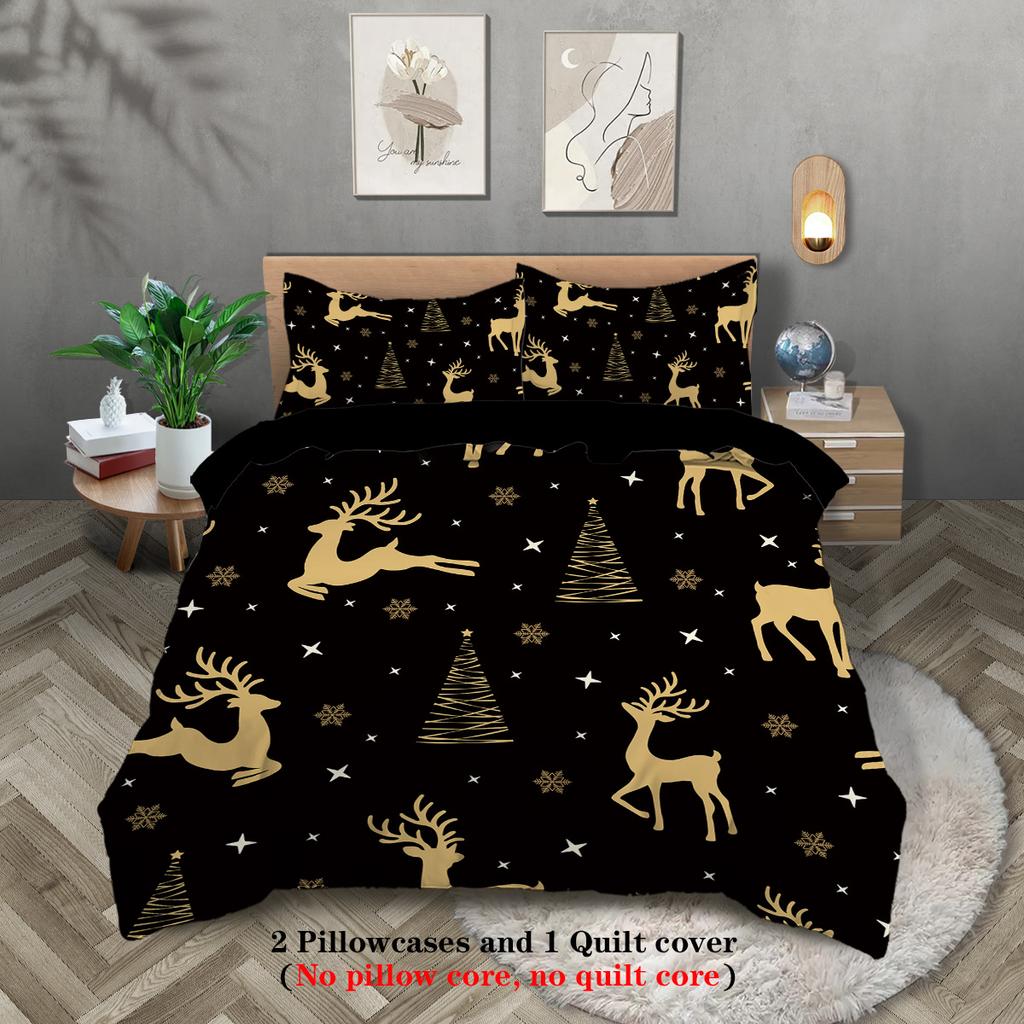 3-piece Christmas themed reindeer pattern print (1 duvet cover+2 pillowcases, no core) soft bedding set