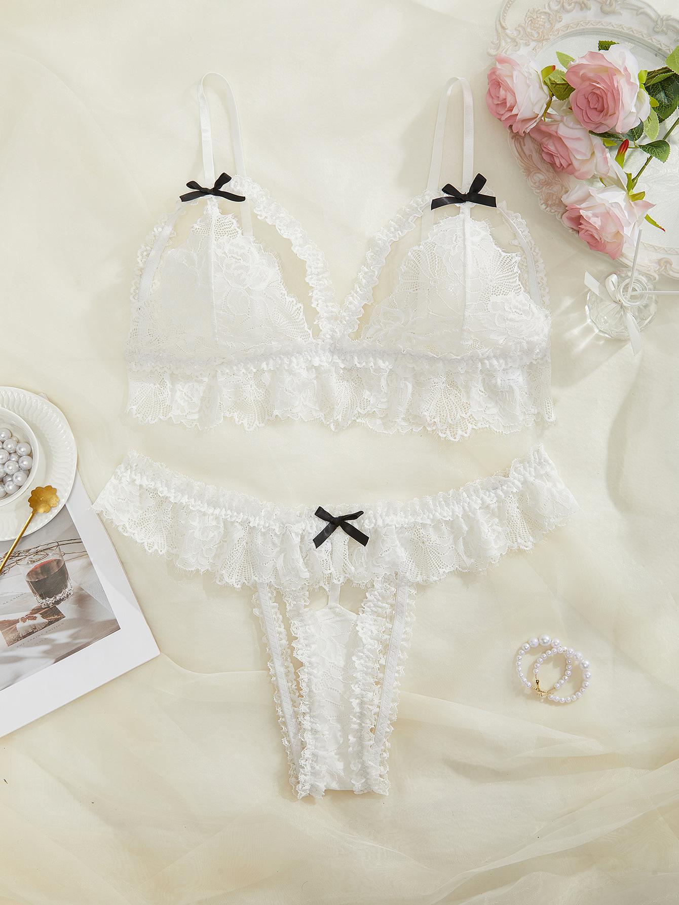 

Explosive sexy Lingerie sexy white lace small bow French sexy lingerie set XXXXL білий