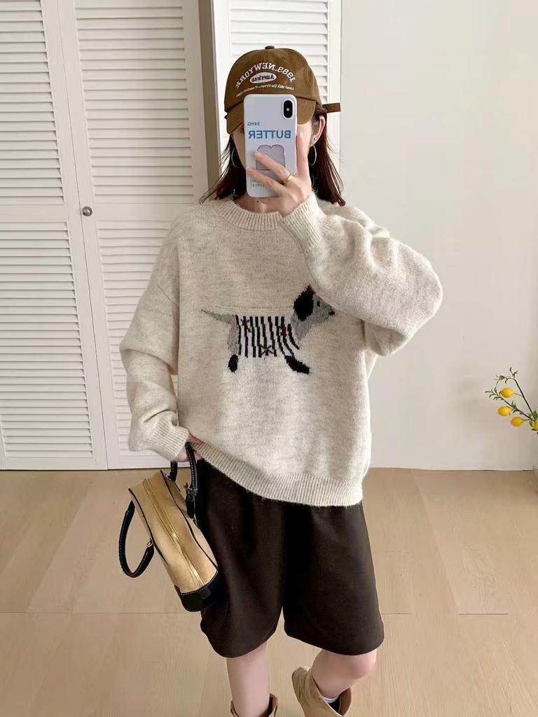 Women's Autumn/Winter 2025 Thickened Embroidered Puppy Pullover Sweater, Age-Reducing Knitted Layered Top