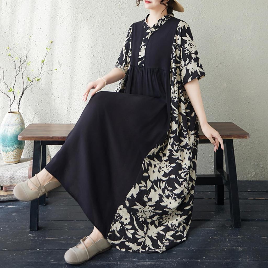 Long Dress for Printed Short Cotton Linen Loose Slimming Everyday Summer [MSFQSNB] Women, Dress, V-neck, Sleeves, Blend, Fit, Effect,