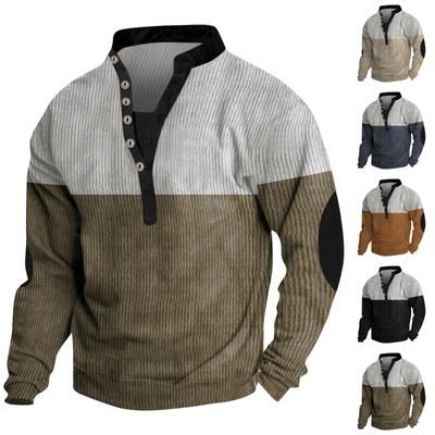 Herren T-Shirt mit Knopfleiste, V-Ausschnitt, einfarbig, langärmelig, lockeres Oberteil