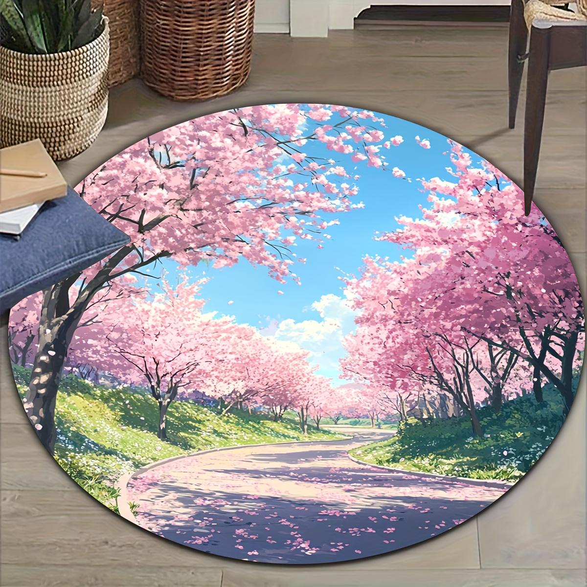 

Flannel Printed Round Rug With Cherry Blossom Garden Design For Home Decor Soft Floor Mat Spring Art Theme Romantic Style 60CM(23.6inch)