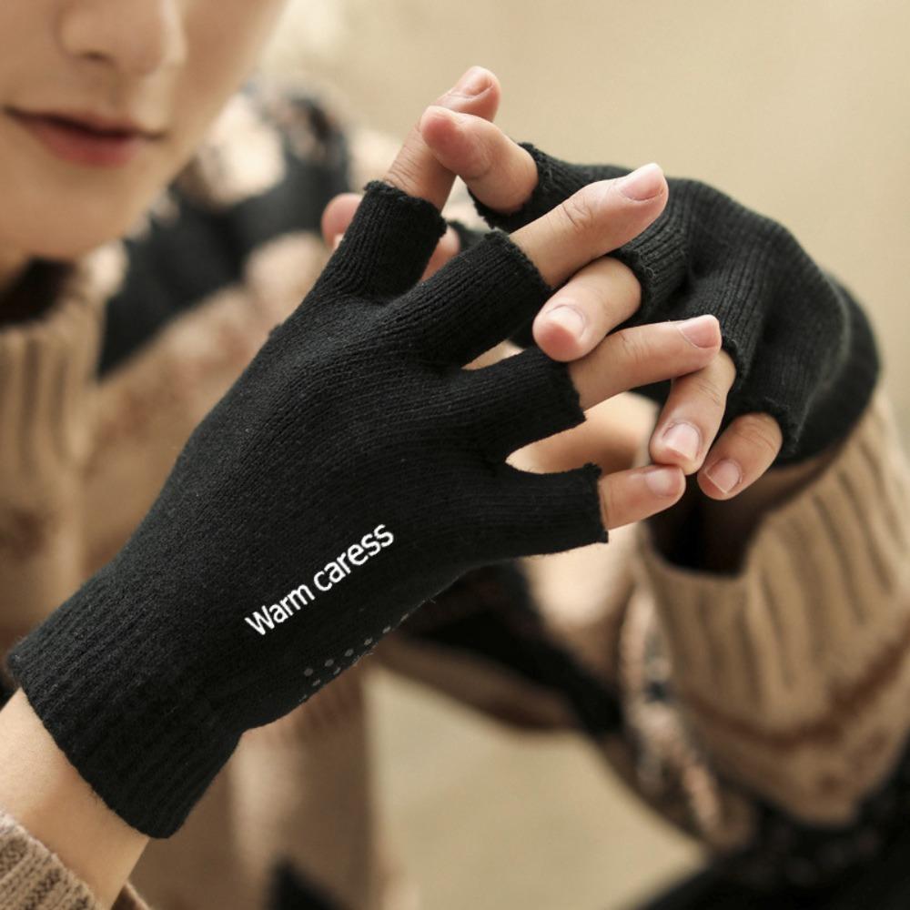 Half-finger Men's Gloves Autumn and Winter Dew Two-finger Thickened Warm Touch Screen Plush Wool Cold-proof Outdoor Cycling Knitting