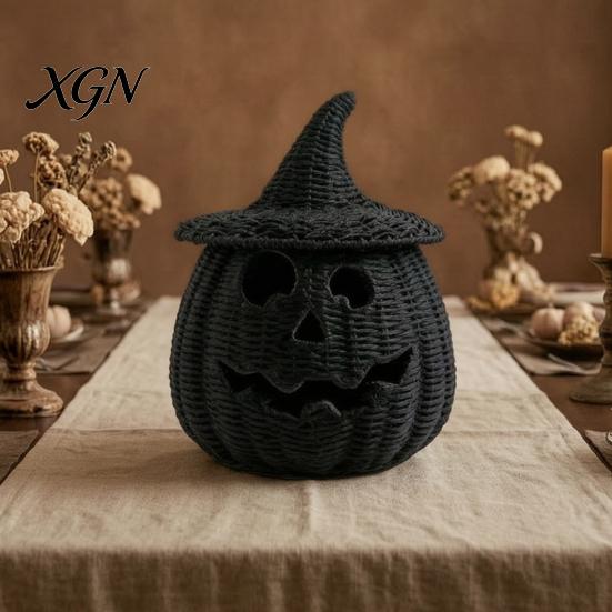 Seasonal Home Display Handwoven Pumpkin Basket with Witch Hat Lid, Rustic Wicker Trick Gothic Table Centerpiece or Treat Bucket for Indoor Outdoor