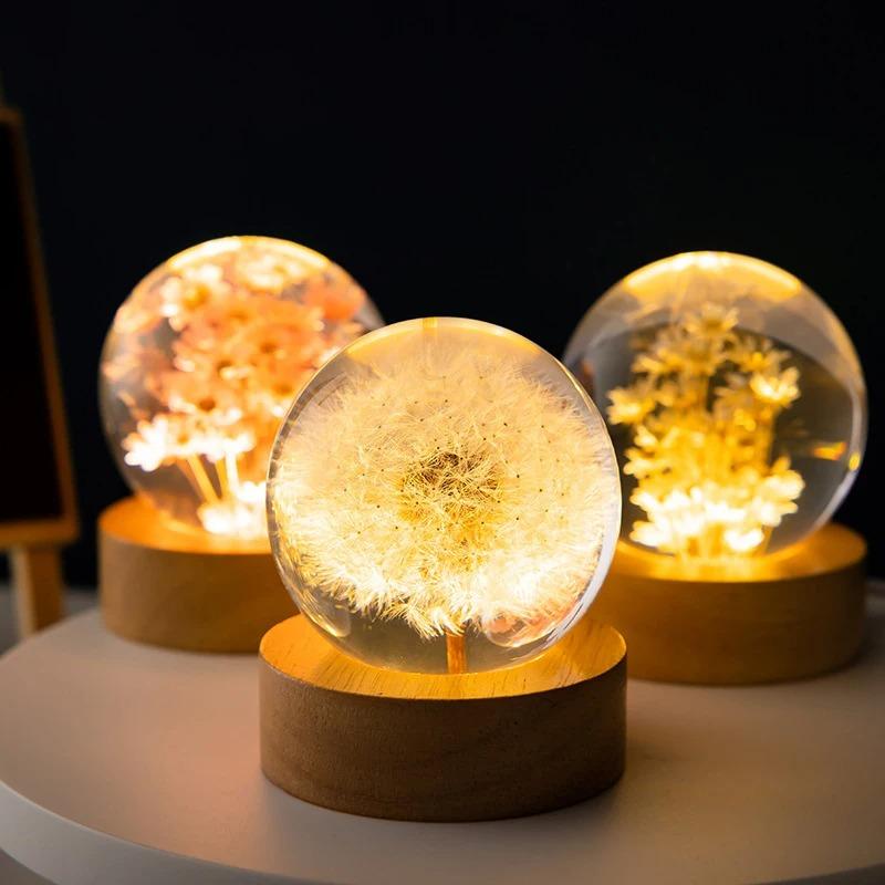 3D Dandelion Crystal Ball 5cm 6cm Luminous Flower Crystal Ball Beech Wood Stand Preserved Flower Sphere Ball Desktop Ornaments