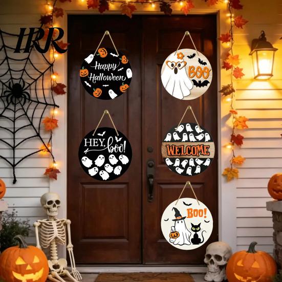 Haunted House Door Sign Halloween Hanging Sign, Wooden Front Hanger Wreath, Cute Eye-catching Ghost Welcome for Porch Wall Indoor Home Decoration