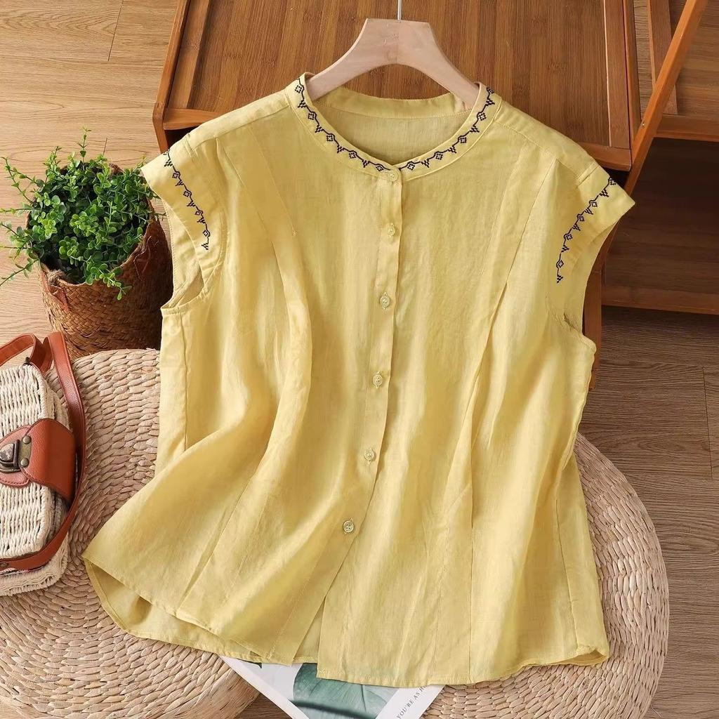 Summer new style unique literary retro sleeveless camisole women's outer wear embroidered vest cotton and linen temperament shirt
