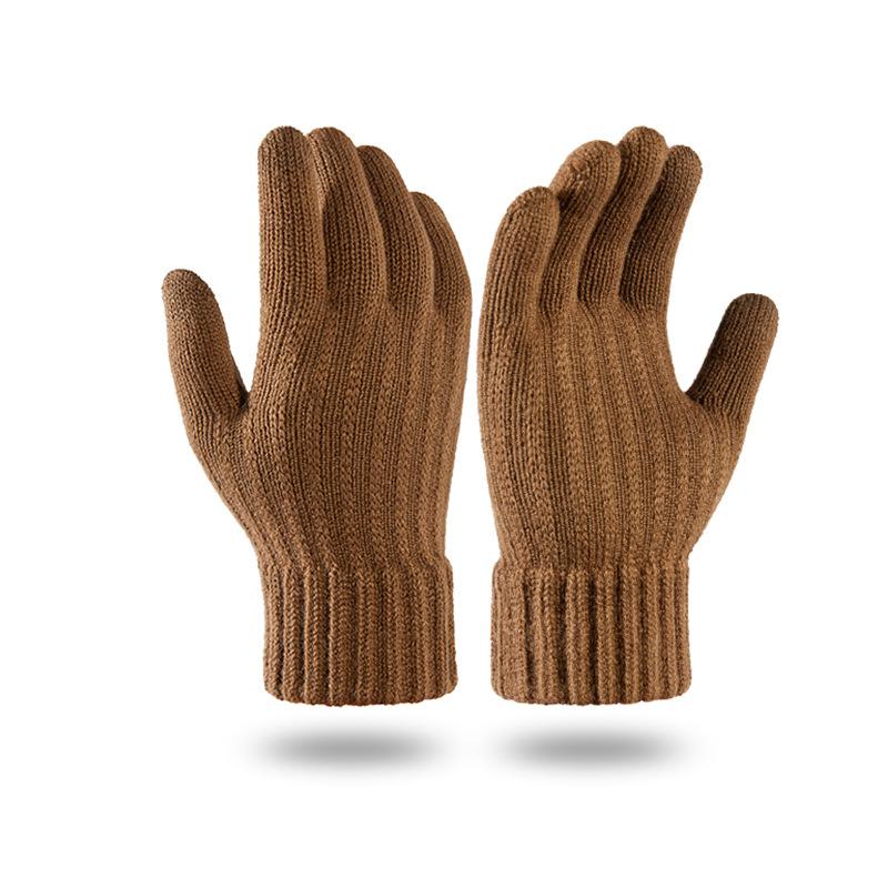New Warm Men's Knitted Gloves for Cold Protection and Velvet Solid Color Finger Divided Touch Screen Gloves