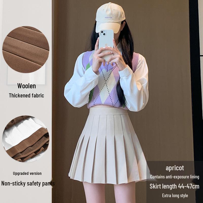 Spódnica wełniana plisowana w kształcie litery A z wysokim stanem - Damska Jesień/Zima, Slim Fit, Plus Size, Styl Koreański, Długość Krótka/Midi.