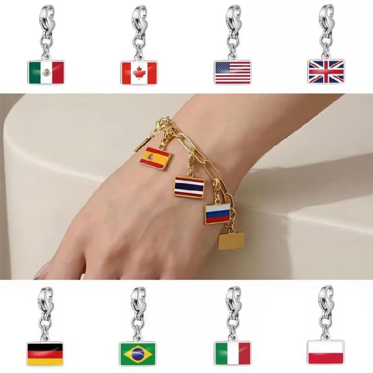 Stainless Steel Country Flag Bracelet Pendant Hand Chain Charm Travel Wristlet Keychain with Lobster Clasp and Small Profile