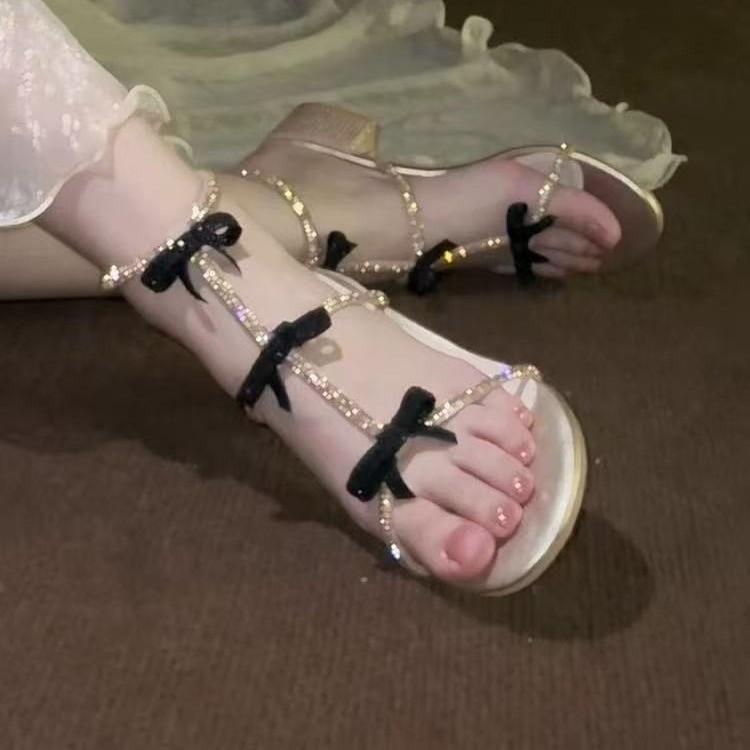 Fashion Hot Selling 2025 Summer Women's Sandals New Fashion Buckle Strap Dress Sandals Crystal Bow Tie Square Heel Round ToeShoes Female
