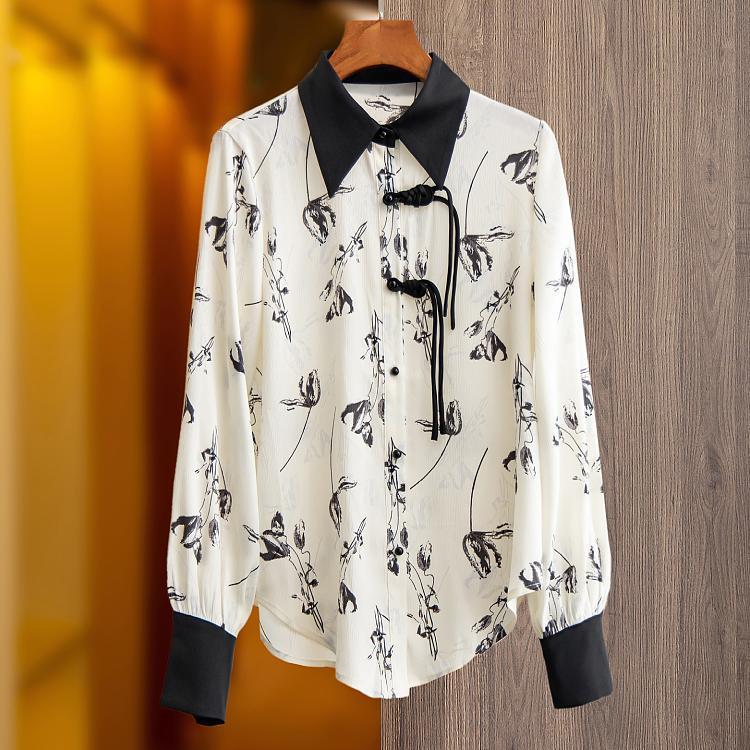 Vintage halenky Dámské tričko s potiskem s dlouhým rukávem 2023 jaro podzimní límec volné módní šifonové halenky