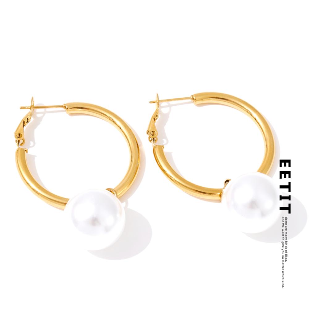 Eetit Pearl Drop Dangle Hoop Earrings Round Imitation Beads Fashion Daily Stainless Steel Korean Chic Quality Jewelry Waterproof