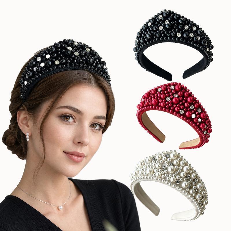 1Pcs Crystal Hairbands Luxurious Pearl Headbands Vintage Beaded Sponge Hair Hoop Handmade Anti-Slip Rhinestone Tiara Bridal