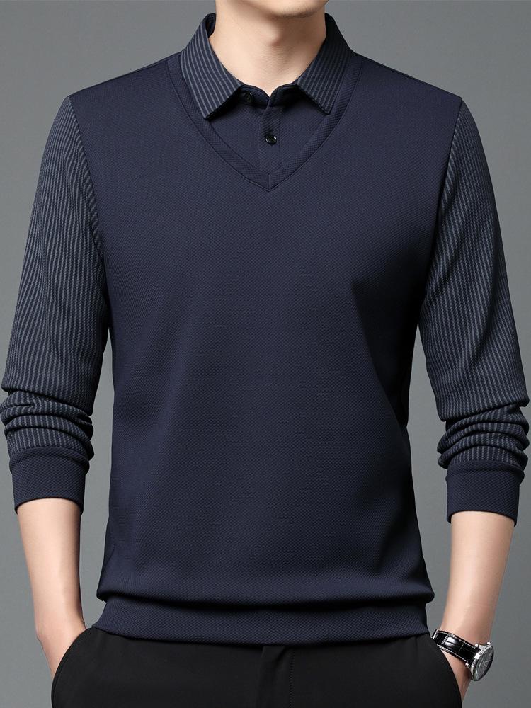 Men's High-End Business Casual Striped Long-Sleeve Polo for Spring & Autumn