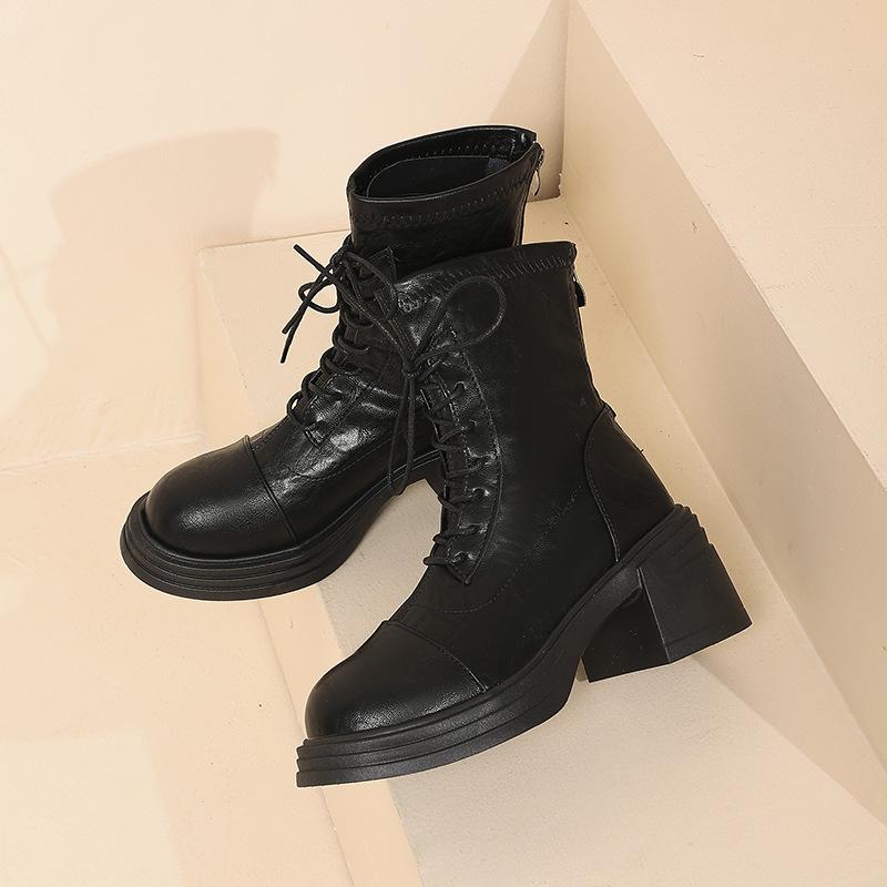 Temperamentvolle vielseitige Martin-Stiefel mit hohem Absatz und dicker Sohle für Damen, Herbst und Winter 2025 neu, wasserdicht, Tischschnürung, Reißverschluss hinten, elastische kurze Stiefel