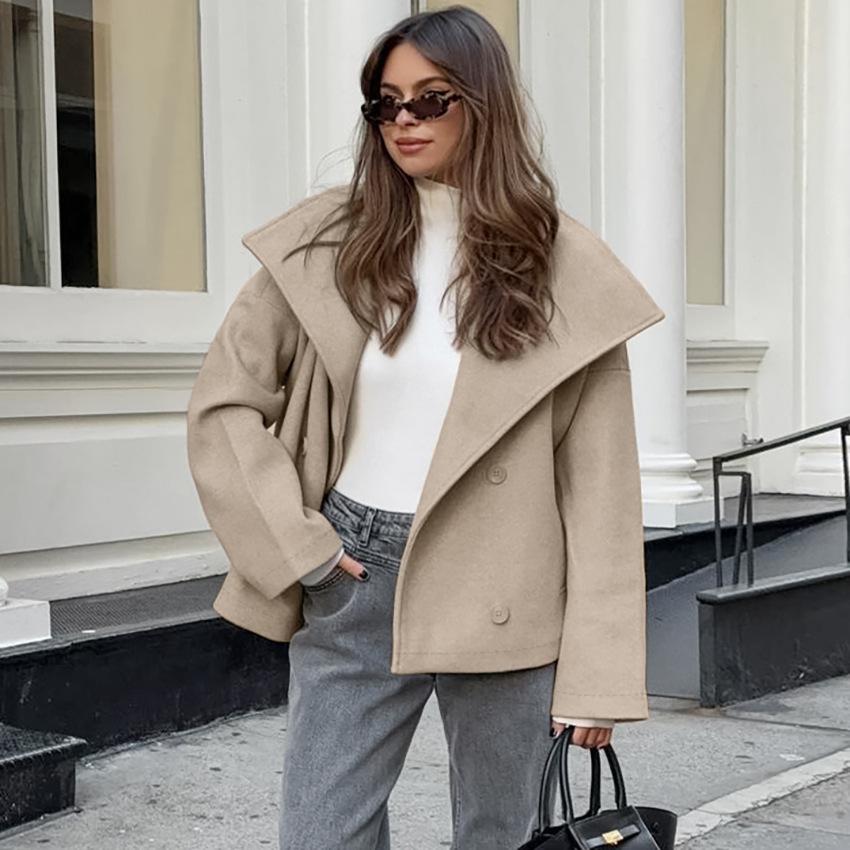 Women's Oversized Wool Coat Elegant Short Jacket Double Breasted Winter Casual Outerwear