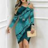 Women Plus Size Asymmetric Cold Shoulder Long Sleeve Dusty Purple Gold Glitter Print Irregular Wrap Bodycon Midi Dress