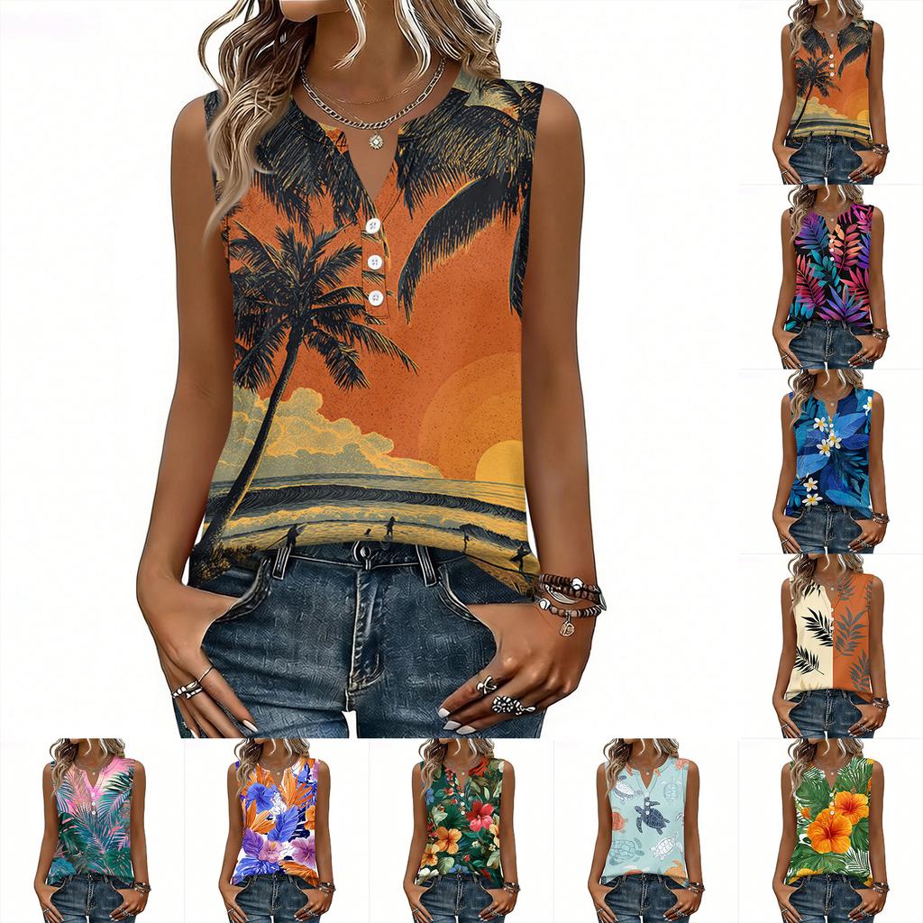 Women's Fashionable Casual Hawaiian Print Sleeveless Button Vest Top
