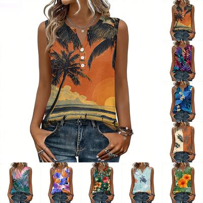 Chaleco sin mangas con botones y estampado hawaiano, moderno e informal para mujer.