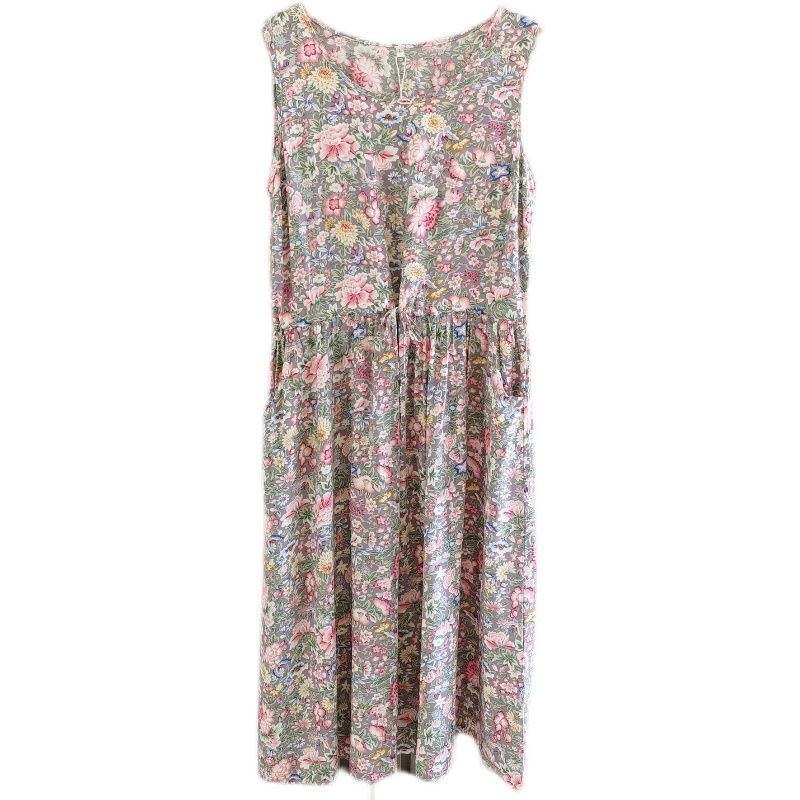 Summer New Arrival Women's Clothing Loose Round Neck Drawstring Sleeveless Printed Noil Poplin Dress Floral Sleeping Dress Soft Plaid